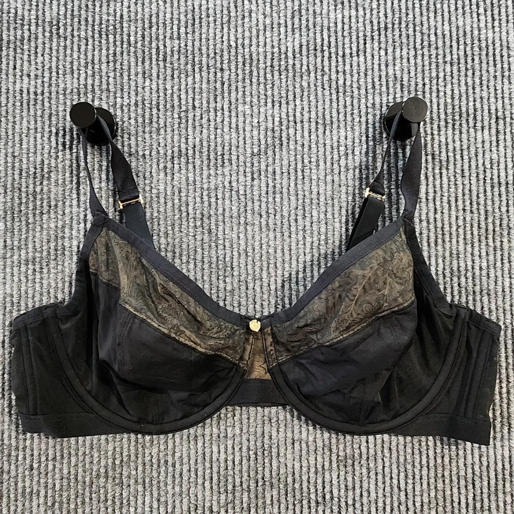 Cacique Bra Womens 44D Black Unlined Demi Mesh Sheer Balconette Underwire Floral